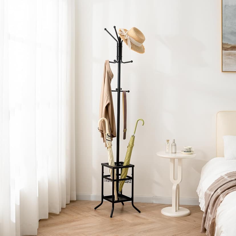 Yoobure Coat Rack Freestanding - Coat Tree with Umbrella Holder, Metal Coat Rack Stand with 12 Hooks, Modern Coat Hanger Stand for Entryway, Purse Rack Hat Rack Stand for Living Room Bedroom Office