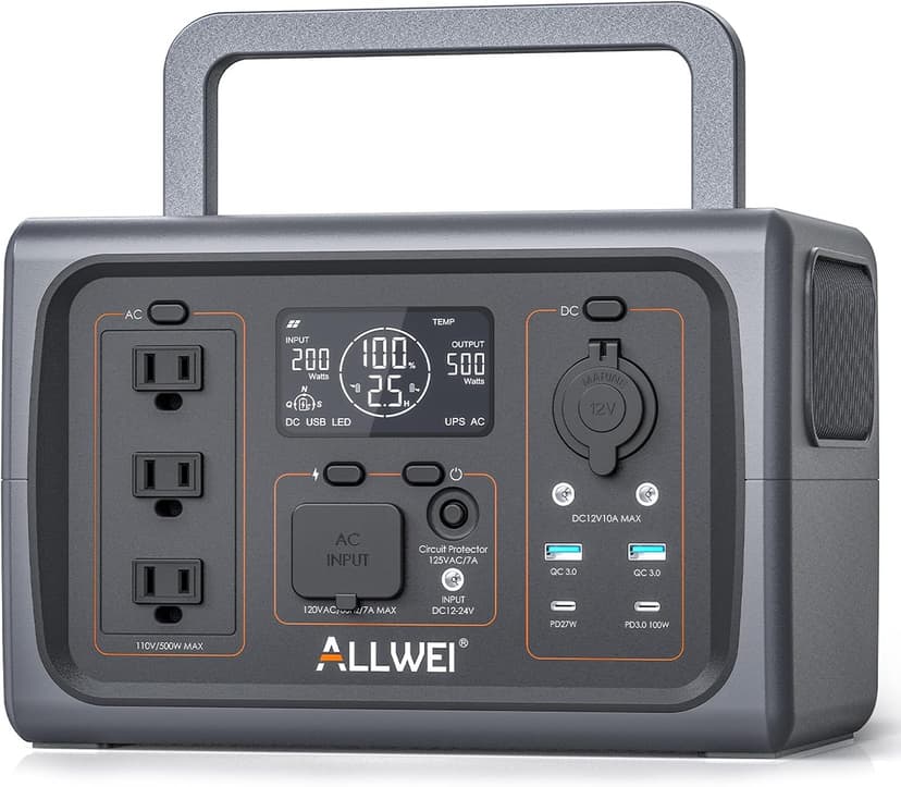 ALLWEI LiFePO4 Portable Power Station 500W(Peak 1000W), 512Wh Solar Generator with UPS Function, 2.5Hrs Fast Charge, 160000mAh Home Battery Backup for CPAP Outdoor RV/Van Camping Emergency