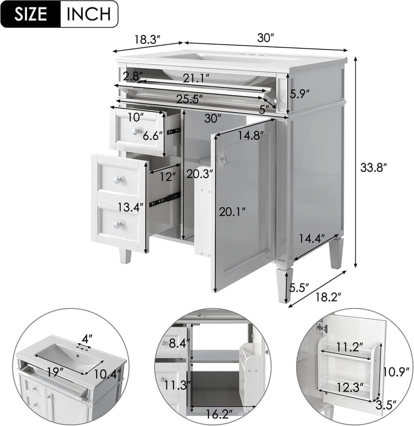30'' Bathroom Vanity with Single Sink Combo, Modern Bathroom Storage Cabinet with 2 Drawers, 1 Pull Down Drawer and 1 Door, Freestanding Bathroom Vanities, Soft Closing, Solid Wood Frame