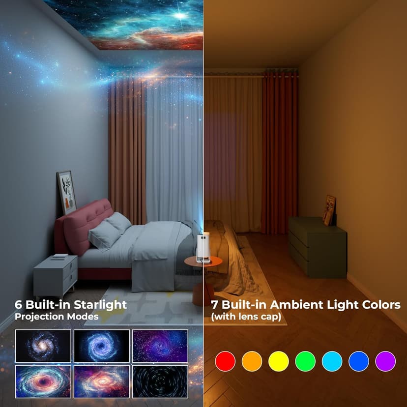 Portable WiFi and Bluetooth Projector - 4K 1080P Supported Android Smart Mini Movie Projector, 270°Adjustable Stand Outdoor Home Star Projector with Ambient Light for Phone TV Stick Laptop