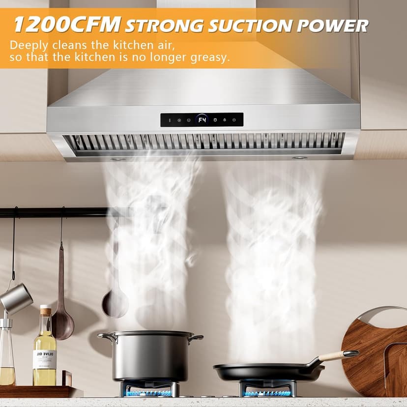 48 Inch Wall Mount Range Hood 1200CFM, 4-Speed Wall Mount Range Hood with Touch Control & Gesture Sensing Stainless Steel Kitchen Stove Vent Hoods with 4 LED Lights Ultra Series