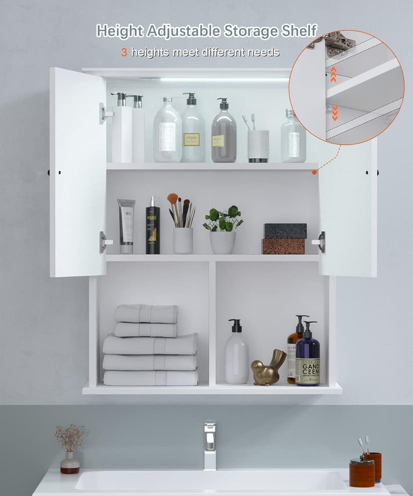 HAIOOU Bathroom Wall Cabinet with Motion Sensor LED Light, Wooden Medicine Cabinet Wall Mounted Cupboard, Over Toilet Storage Cabinet with Buffering Hinges and Adjustable Shelf - Modern White