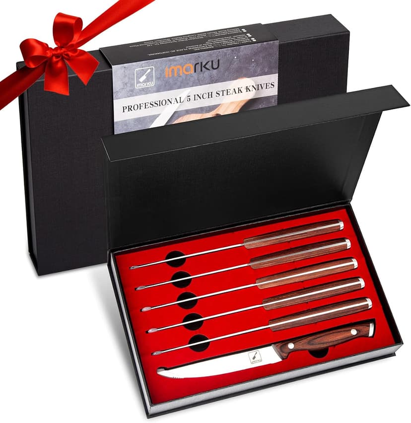 imarku Steak Knives Set of 6, Japanese HC Steel Premium Serrated Steak Knife Set with Ergonomic Handle and Gift Box, Home Essential, Best Birthday Gifts for Women and Men