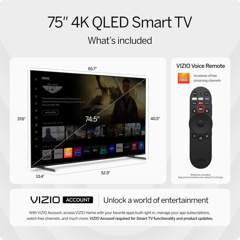 VIZIO 75-inch Quantum Pro 4K QLED 120Hz Smart TV with 1,000 nits Brightness, Dolby Vision, Local Dimming, 240FPS 1080p PC Gaming, WiFi 6E, Apple AirPlay, Google Cast Built-in (VQP75C-84, 2023)