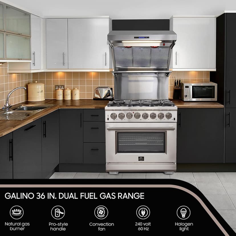 FORNO Galiano Dual Fuel 36" Inch. Freestanding Range 6 Sealed Brass Burners Cooktop - 5.36 Cu. Ft. Convection Electric Oven - Stainless Steel Stove Range Heavy Duty Cast Iron Grates