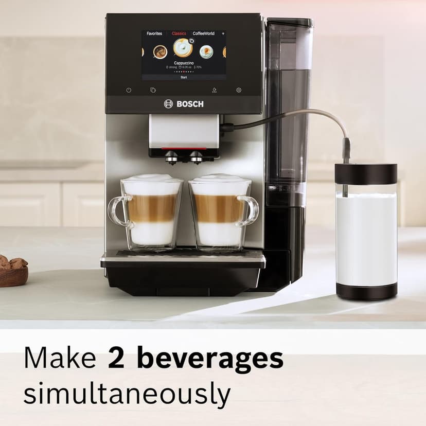 BOSCH 800 Series Fully Automatic Espresso and Coffee Machine – 36 Drinks with Coffee World, Cold Brew, Double Cup, Milk Hose, Glass Milk Container, in Metallic Silver TPU60501