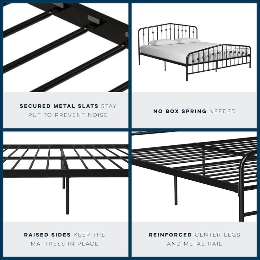 Novogratz Bushwick Modern Metal Bed, Slightly Triangular Headboard and Footboard with Inset Spindles, Adjustable Base Height for Underbed Storage, Requires No Box Spring, King Size - Black