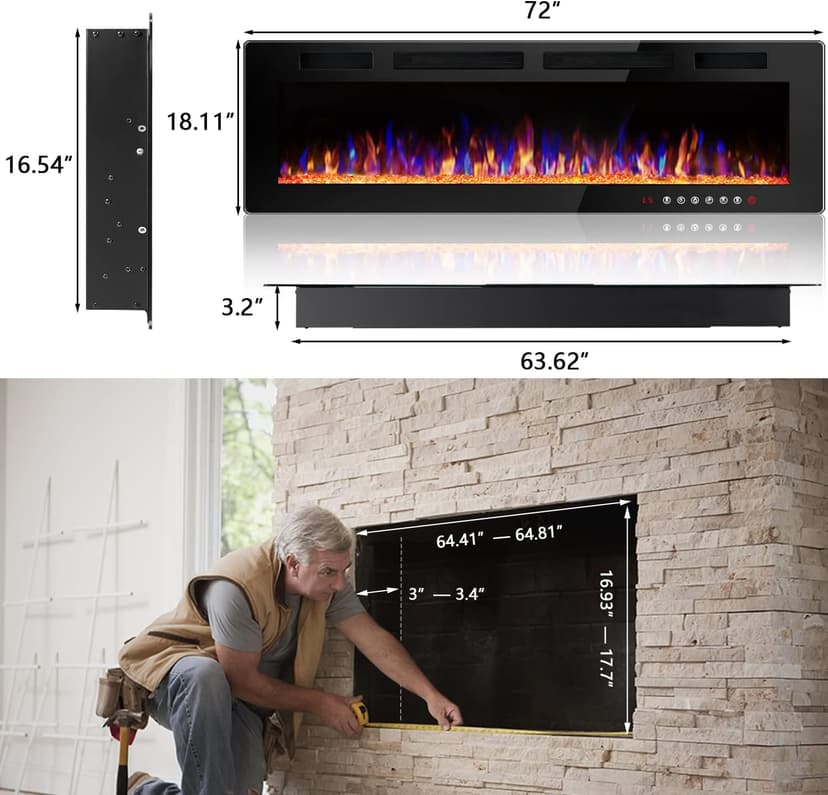 Vitesse 72 inch Ultra-Thin Electric Fireplace in-Wall Recessed and Wall Mounted Fireplace Heater,Linear Fireplace with Multicolor Flame,Timer,Low Noise,750/1500W,Touch Screen & Remote Control(72’’)