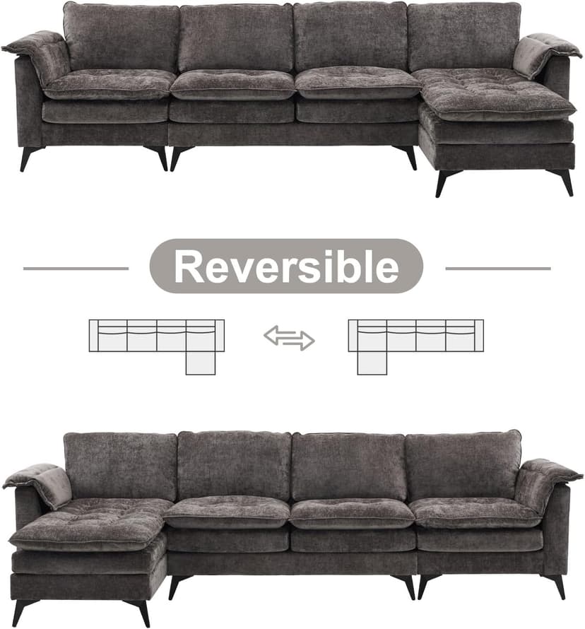 VINGLI 129'' Reversible Sectional Couches for Living Room,L-Shaped Couch Sofa Set with Chaise,Comfy Cloud Couches in Lattice Decored Seat Cushion with Double Pads, Grey