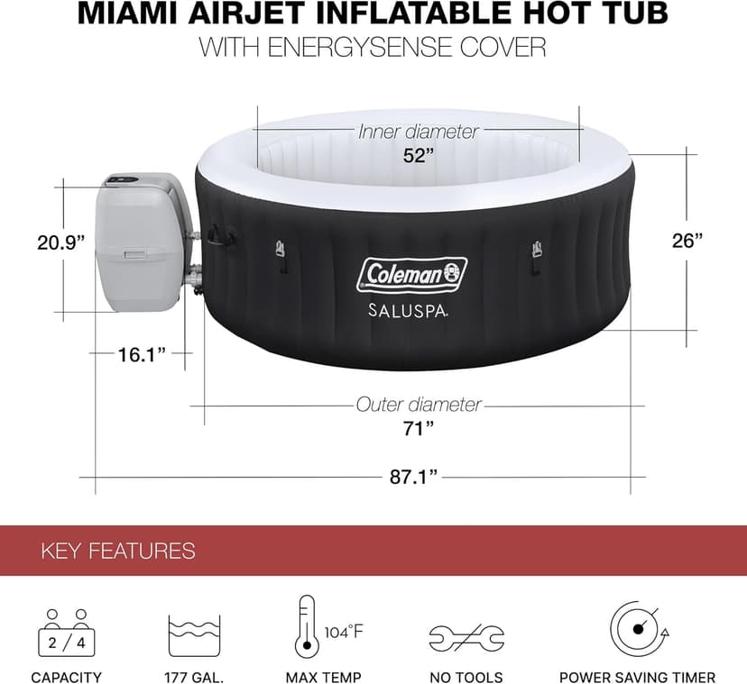 Bestway Coleman Miami AirJet Inflatable Hot Tub with EnergySense Cover, 2-Pack of SaluSpa Spa Seat and 2 Sets of SaluSpa Padded Headrest Pillows