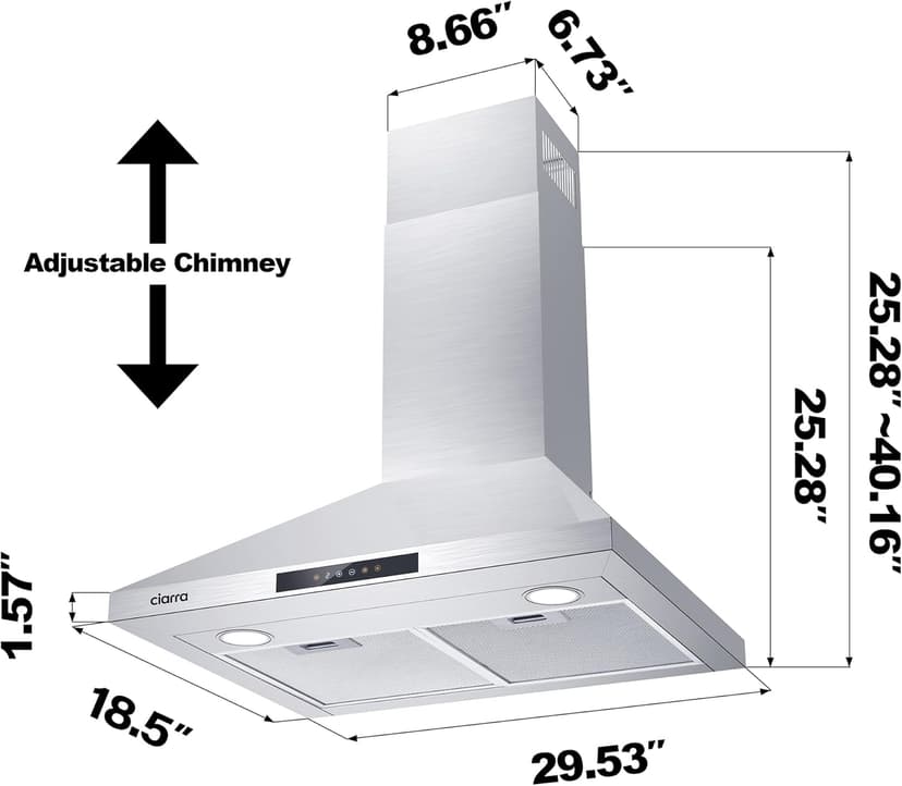 CIARRA Range Hood 30 inch 760m3/h Ductless Stove Hood Vent for Kitchen in Stainless Steel, Ducted and Ductless Convertible