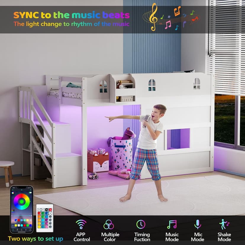 JOYMOR Low Loft Bed with Led Light, Loft Bed Twin Size with Castle Guardrail and Window, Staircase and Book Rack, Smart APP Control,No Box Spring Needed (White with Staircase)