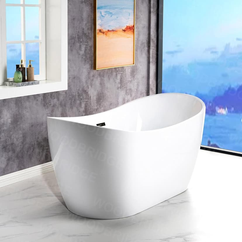 WOODBRIDGE 59" Acrylic Freestanding Bathtub Contemporary Soaking White Tub with Matte Black Overflow and Drain，B0016 -MB-Drain &O