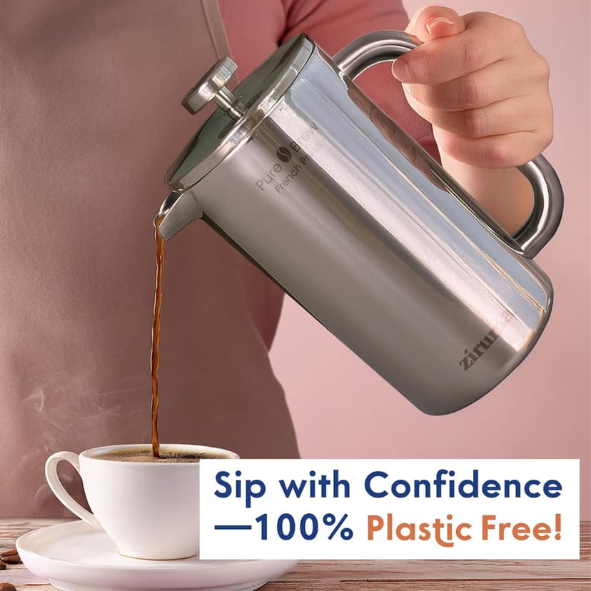 Ziruma Non-Toxic French Press Coffee Maker 316 Surgical Grade Stainless Steel, 34 Oz, 100% Plastic Free Coffee Press, Portable Press, 4 Layer Filter, Double Wall Insulated French Press