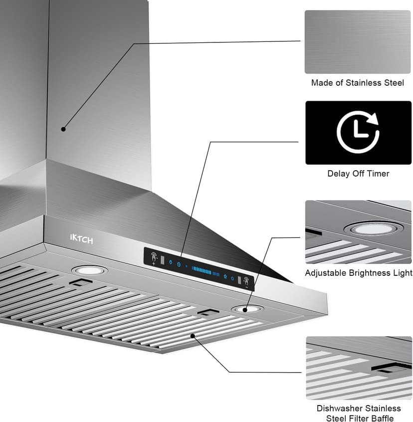 IKTCH 36-inch Wall Mount Range Hood 900 CFM Ducted/Ductless Convertible, Kitchen Chimney Vent Stainless Steel with Gesture Sensing & Touch Control Switch Panel, 2 Pcs Adjustable Lights(IKP02-36'')