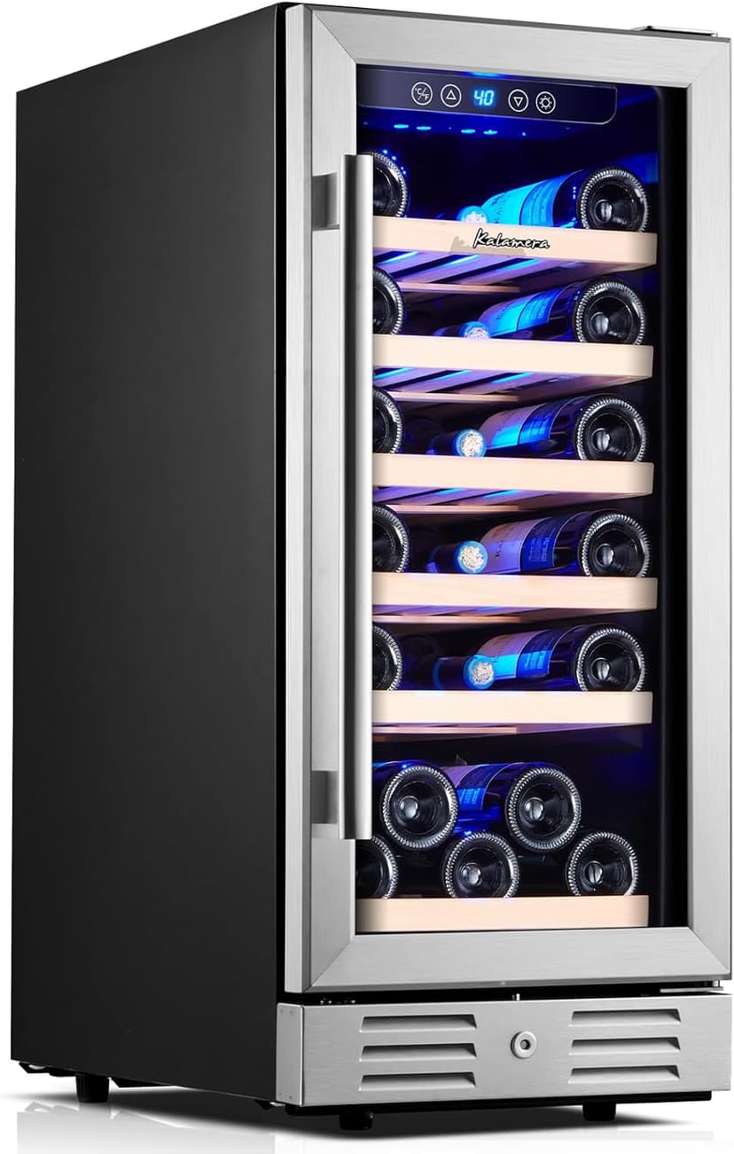 Kalamera Mini Fridge 15" Wine Cooler Refrigerator - 30 Bottle Wine Fridge with Stainless Steel Refrigerator& Double-Layer Tempered Glass Door and Temperature Memory Function Built-in or Freestanding