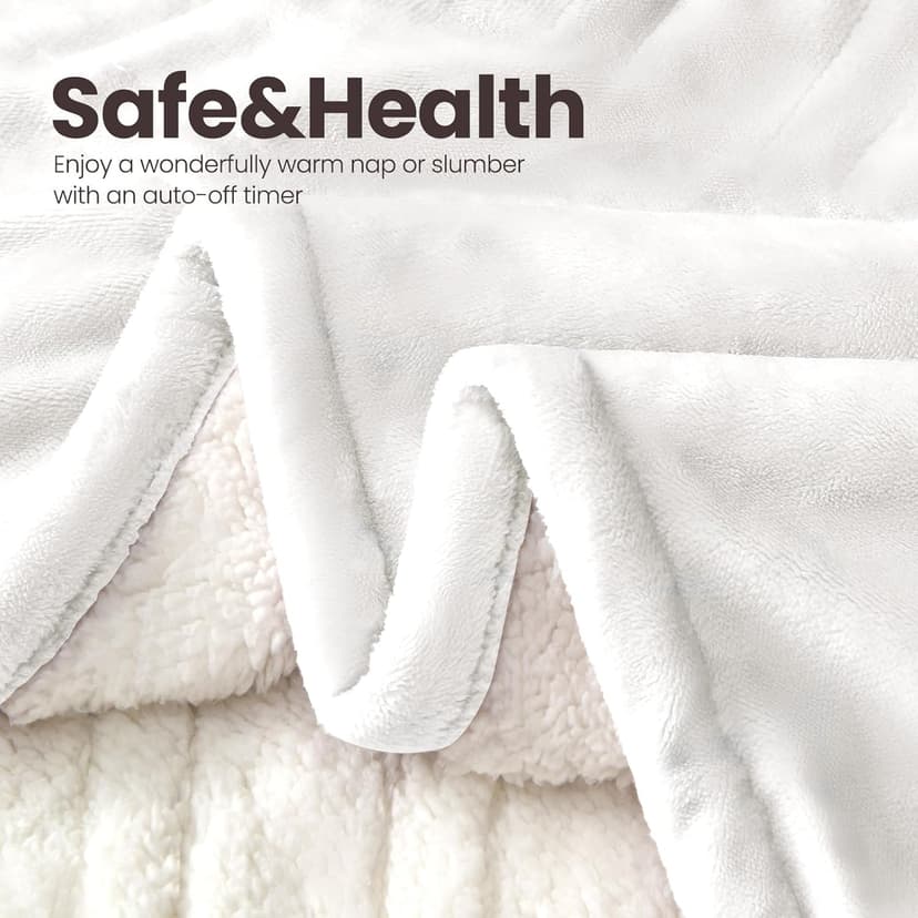 Electric Heated Blanket, Flannel & Sherpa Fast Heating Soft Fleece Heated King Blanket 90"x100" with 6 Heating Levels & 10H Auto Off - White