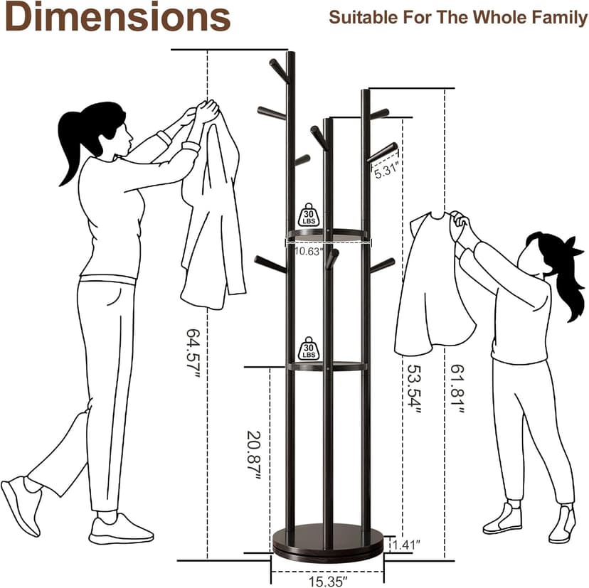 KungFuWood Coat Rack, Solid Wood Rotary Coat Rack Stand, Freestanding Coat Rack with 3 Shelves and 9 Hooks, Sturdy and Easy to Assemble Coat Tree for Entryway, Bedroom, Coats, Bags (Black)