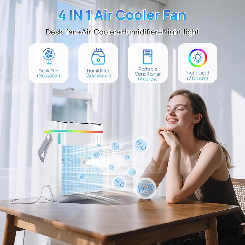 Portable Air Conditioners,1200ML Cooling fan Mini Air Conditioner with Remote Control,3 Wind Speed & 7 LED Light,3 Cool Mist& 1-3H Timer,Personal Air Conditioner Evaporative Air Cooler for Room/Office