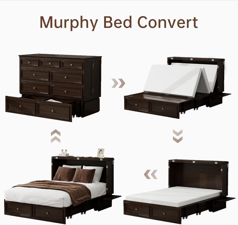 Murphy Bed Cabinet Full with Tri-Folding Mattress, Solid Wood Murphy Bed with 2 USB & 2 Charging Ports, Large Storage Drawer for Home Office or Small Space, Ebony Wood Color