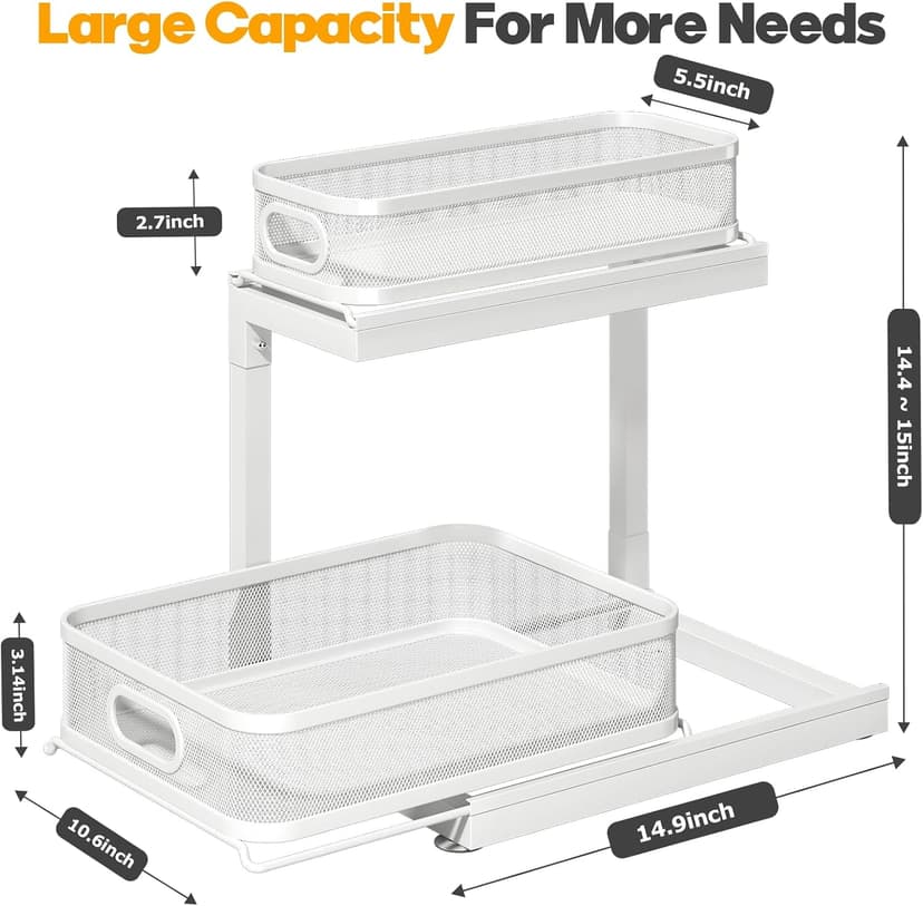 2-Pack Under Sink Storage Organizer with 2-Tier Slide Out Drawer, Sophisticated Mesh Pull Out Shelf for Kitchen & Bathroom, Fits Small Items, Upgraded Arched Track for Smooth Gliding(Patented)