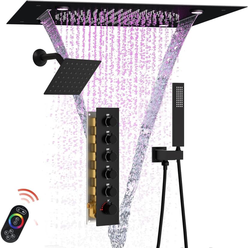 Enga Luxury Dual Shower Head System LED Thermostatic Shower System with 6 inch Wall Shower, 20-Inch 3 Function Shower Head (Rainfall & Mist & Waterfall), Matte Black