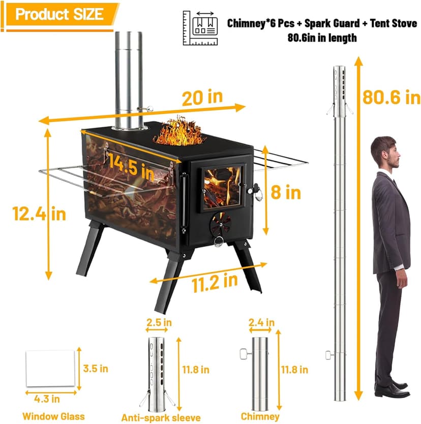 Hot Tent Stove,AVOFOREST Wood Burning Stove,Small Wood Stove with 7 Stainless Chimney Pipes for Outdoor Heating & Cooking, Ice Fishing, Hunting