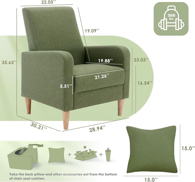 COLAMY Accent Living Room Chairs Set of 2, Upholstered Fabric Arm Chair Reading Side Chair with Back Pillow and Wood Legs, F-Green