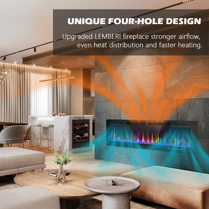 LEMBERI 72 inch Electric Fireplace Recessed and Wall Mounted,750/1500W Fireplace Heater and Linear Fireplace with Touch Screen Control Panel, Timer,Remote Control,Adjustable Flame Color and Speed