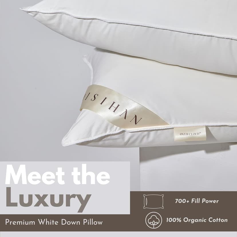 Premium Goose Down Pillows Standard Size - 700+ Fill Power, Down Pillow for Stomach Sleeper, 100% Cotton 500 TC Cover Down Pillow Standard Size Plush Pillow 1 Pack 20"x26"