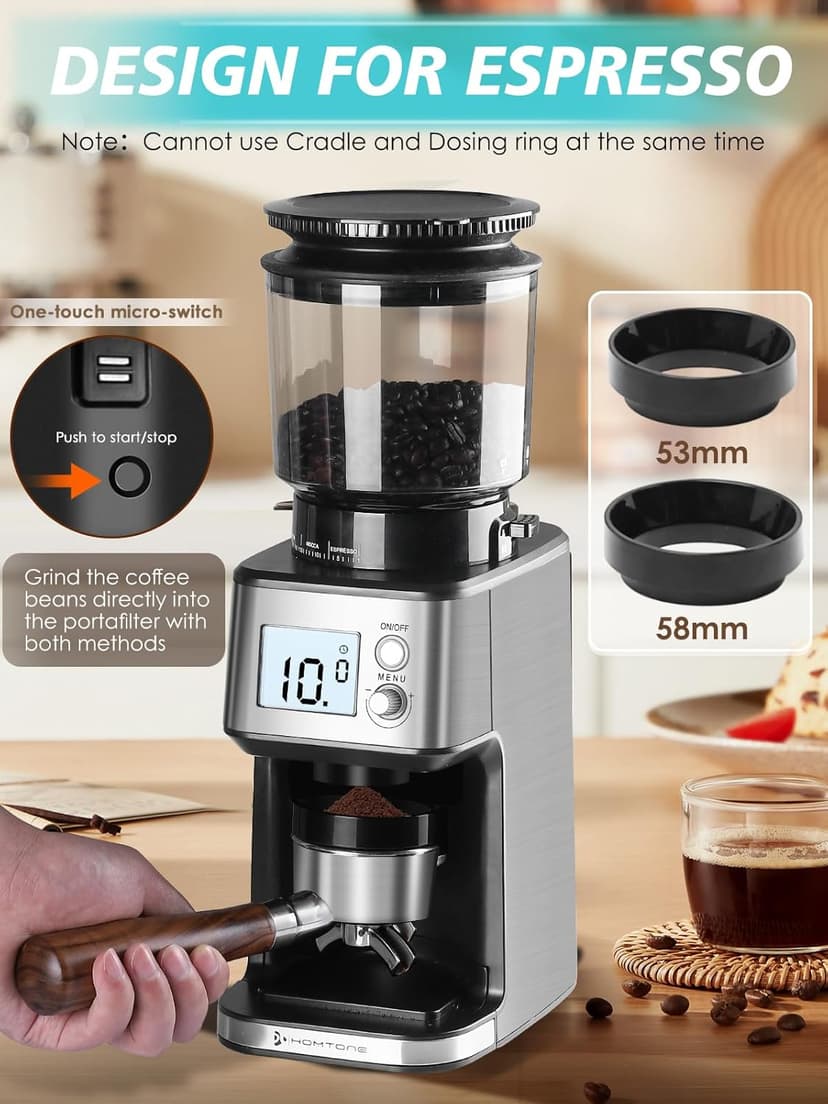 Homtone Conical Burr Coffee Grinder, Anti-Static Electric Espresso Grinder with 51 Precise Settings, Adjustable for 2-12 Cups, 120V Clog-Free, Digital Display Stainless Steel