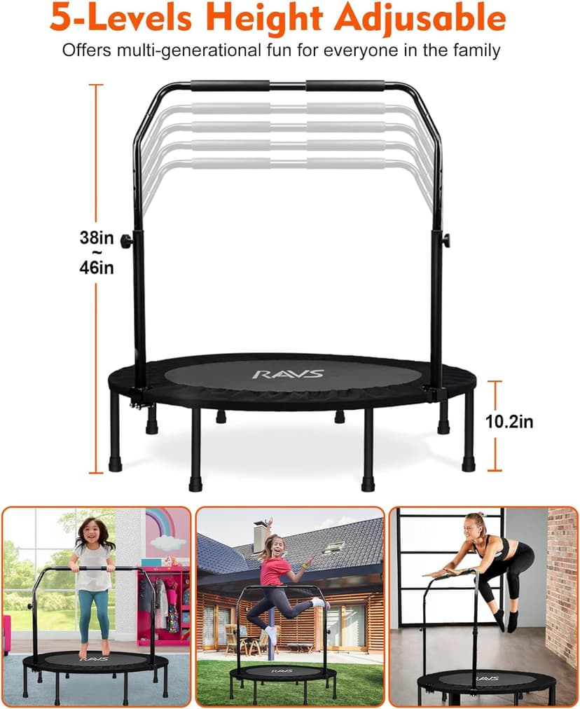 Foldable Mini Trampoline for Adults & Kids 40/48 inch Rebounder Trampoline with Adjustable Foam Bar for Indoor Workout Fitness