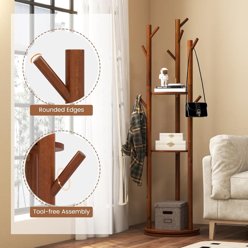 Tangkula Coat Rack Freestanding, Rotary Wooden Coat Tree with 3 Display Storage Shelves & 9 Hooks for Coats, Scarves, Hats & Bags, 66 Inches Coat Hanger Stand for Entryway, Bedroom, Office (Walnut)