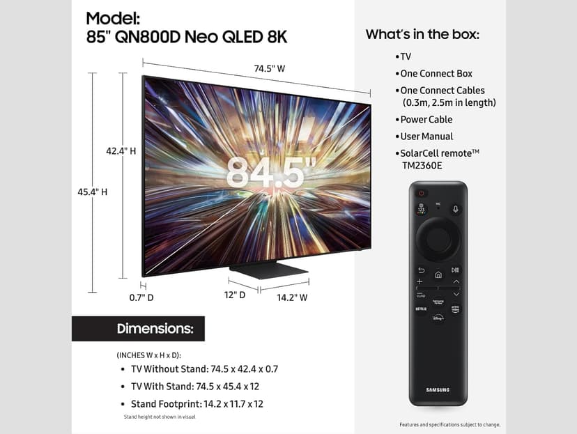 SAMSUNG 85-Inch Class QLED 8K QN800D Series Mini LED, Neo Quantum HDR Smart TV w/Dolby Atmos, Object Tracking Sound+, AI Motion Enhancer, Real Depth Enhancer Pro, Alexa Built-in (QN85QN800D, 2024)