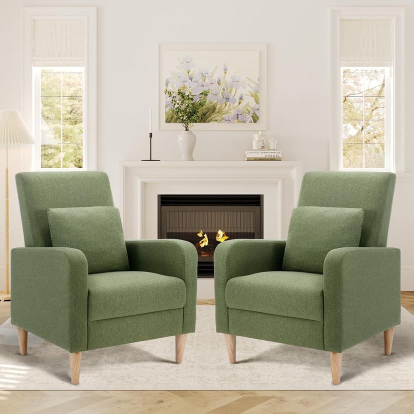 COLAMY Accent Living Room Chairs Set of 2, Upholstered Fabric Arm Chair Reading Side Chair with Back Pillow and Wood Legs, F-Green