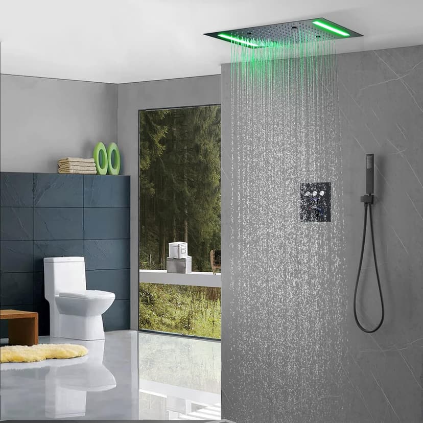14 X 20 Inch LED Rain Ceiling Shower Head with Hand Sprays Thermostatic Rainfall Shower System Set Digital Display Matte Black