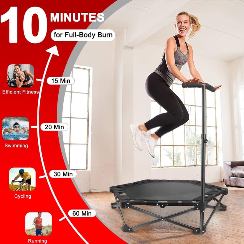 Foldable Mini Trampoline — One-Step Fold & Open, 42" Rebounder Trampoline for Adults & Kids, 450lbs Max Load, Adjustable T-Bar, Indoor & Outdoor Workout