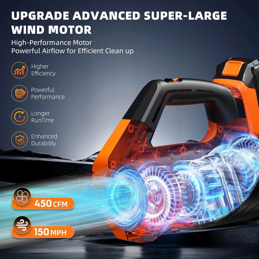 2025 Upgrade Leaf Blower, Leaf Blower Cordless with 2*2.6AH Batteries and Fast Charger, 450CFM &150MPH and 2 Speed Mode, Lightweight Electric Leaf Blowers for Lawn,Yard, Leaves, Dust,Snow Care(Orange)