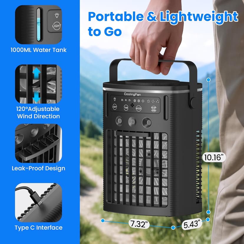Portable Air Conditioners, Mini Air Conditioner Portable Cooling Fan with Remote Control, 3 Wind Speed & 3 Mist Level & 2-8H Timer & 7 LED Light Evaporative Air Cooler for Home Office Room, Black