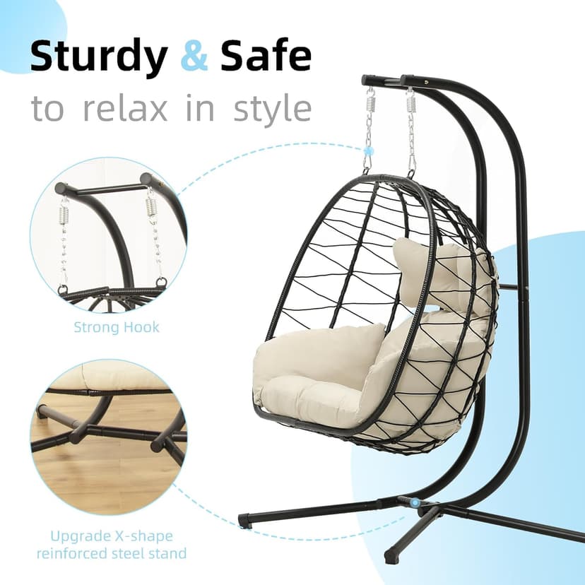 Double Egg Chair wth Stand Hammock Swing Chair Foldable Hanging Loveseat, UV Resistant Removable Cushions, 700LBS Capacity for Bedroom, Balcony, Garden(BK-BE)