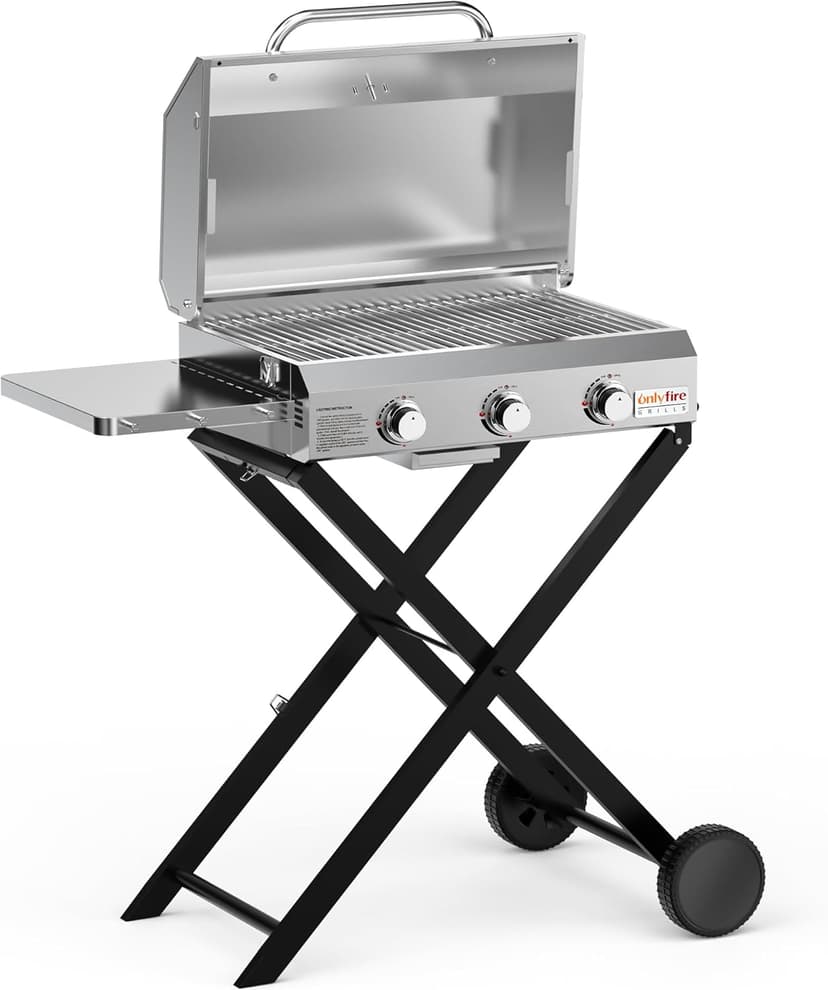 Onlyfire BBQ Gas Grill 3-Burner with Foldable Cart & Side Table, Portable Propane Grill with Lid for Outdoor Patio Backyard Barbecue Camping Tailgating RV Trip, Stainless Steel, GS308