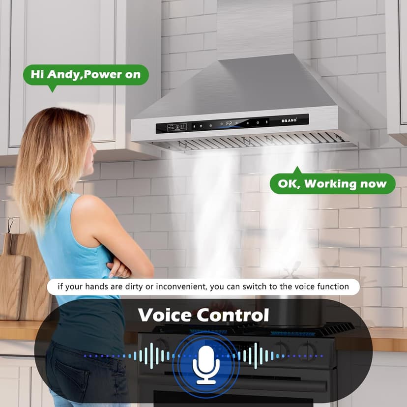 Wall Mount Range Hood 30 inch，900 CFM Kitchen Hood with Voice/Gesture/Touch Control，Vent Hood in Stainless Steel With Ducted/Ductless Convertible, 4 Speed Exhaust Fan