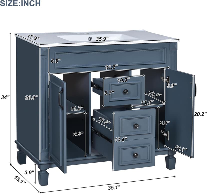Merax 36" Bathroom Vanity with Sink, 36" Bathroom Vanity Cabinet with Matching Mirror Medicine Cabinet, Bathroom Storage Set (Blue)
