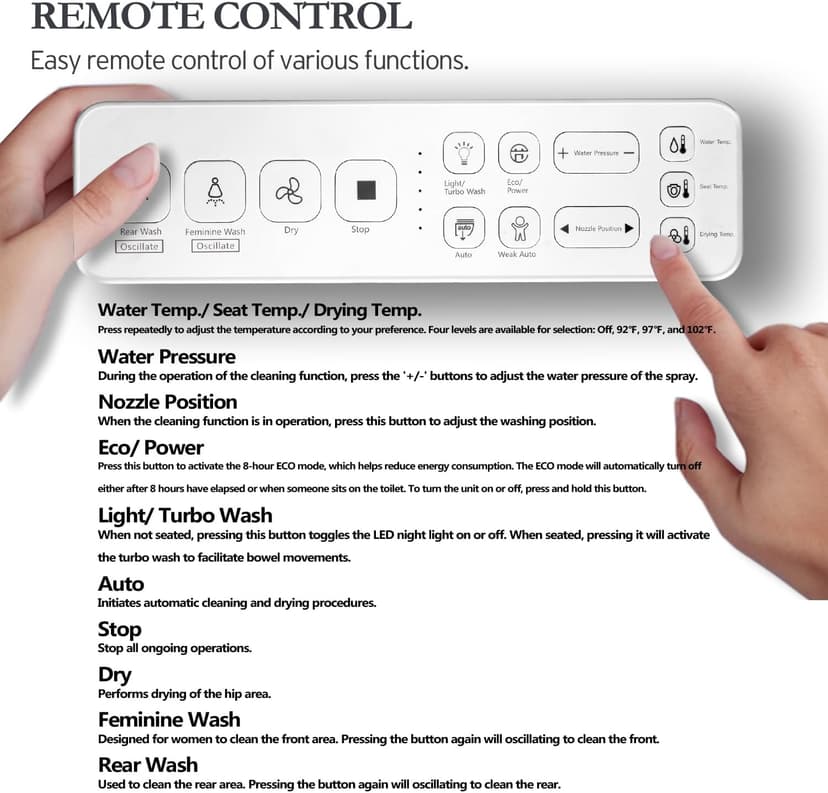 Electric Bidet Toilet Seat Elongated, Heated Toilet Seat, Instant Warm Water, Warm Air Dryer, Rear Feminine and Oscillating Washing, Wireless Remote, Night Light, Slow Close Lid, LED Display
