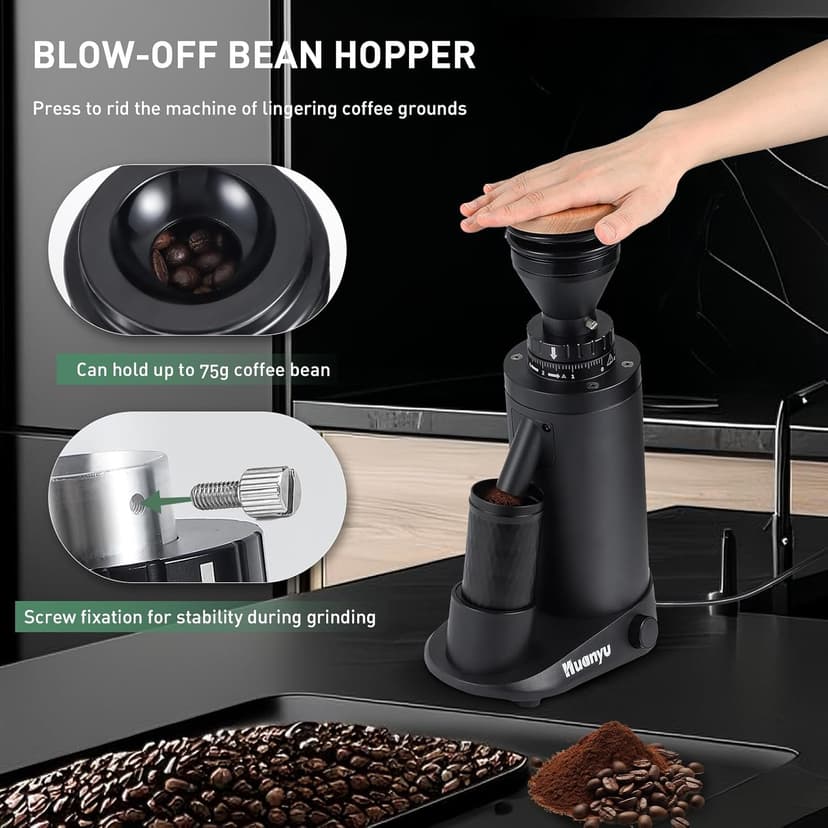 Huanyu Commercial Coffee Grinder Variable Speed Time Based Dosing Flat Burr Knob Control Professional Grinder with 8 Stepless Grinding Settings