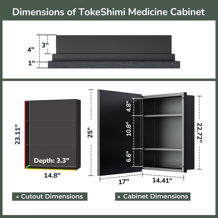 TokeShimi 17x25 Recessed Medicine Cabinet with Mirror Surface Mounted, Metal Beveled Mirror with Storage for Bathroom Vanity, Aluminum Black Medicine Cabinet Mirrored