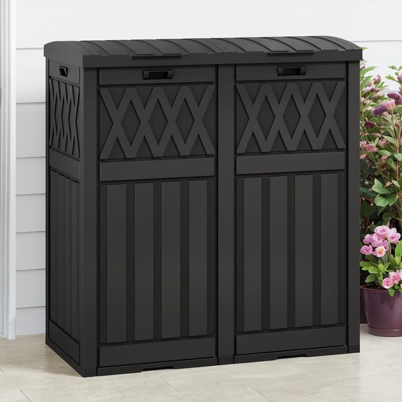DWVO 66 Gallon Double-Bin Outdoor Trash Can, Waterproof Resin Garbage Can with Tiered Lid and Drip Tray for Patio, Kitchen, Deck, and Backyard - Black
