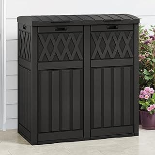 DWVO 66 Gallon Double-Bin Outdoor Trash Can, Waterproof Resin Garbage Can with Tiered Lid and Drip Tray for Patio, Kitchen, Deck, and Backyard - Black
