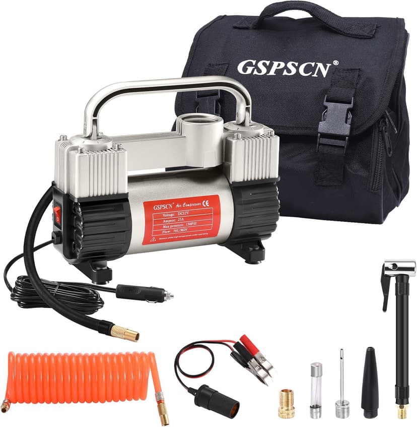GSPSCN Silver Tire Inflator Heavy Duty Double Cylinders with Portable Bag- Car Accessories，Metal 12V Air Compressor Pump 150PSI with Adapter for Car, Truck, SUV Tires, Dinghy, Air Bed etc