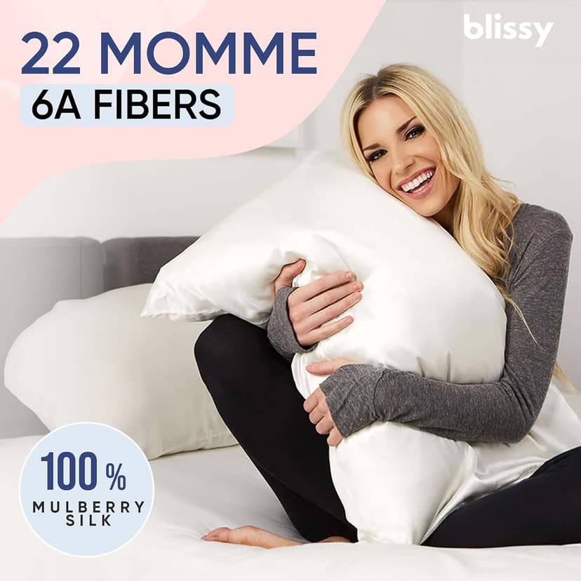Blissy Silk Pillowcase - 100% Pure Mulberry Silk - 22 Momme 6A High-Grade Fibers - Pillow Cover for Hair & Skin - Regular, Queen & King with Hidden Zipper (Standard,Blissy White)
